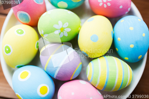 Image of close up of colored easter eggs on plate