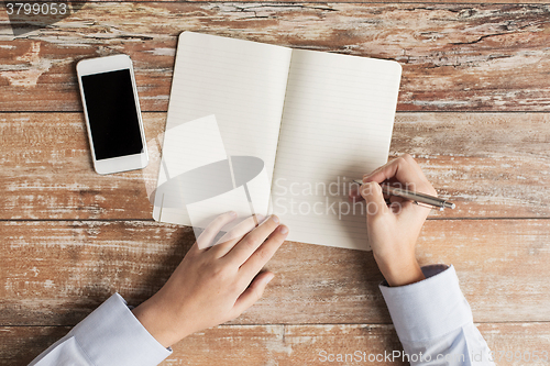 Image of close up of hands with notebook and smartphone
