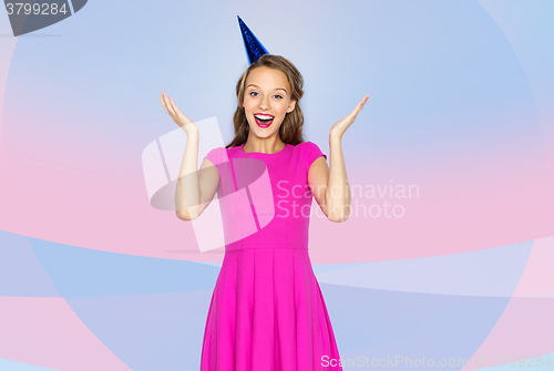 Image of happy young woman or teen girl in party cap