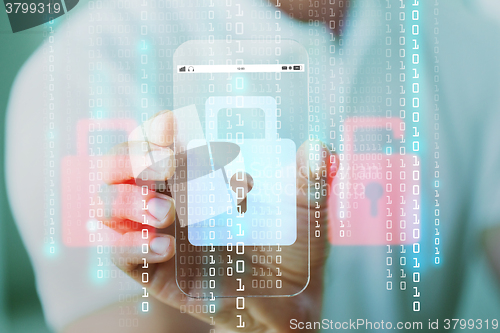 Image of close up of hand with security lock on smartphone