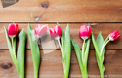 Image of close up of red tulip flowers on wooden table