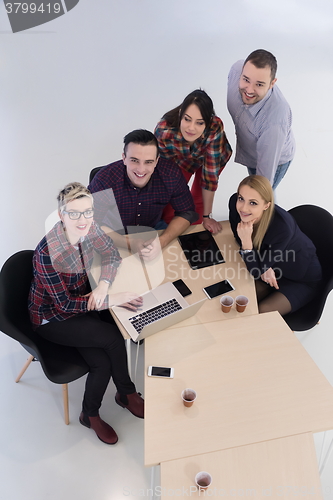 Image of aerial view of business people group on meeting