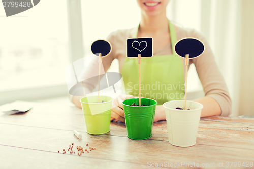 Image of close up of woman over pots with soil and signs