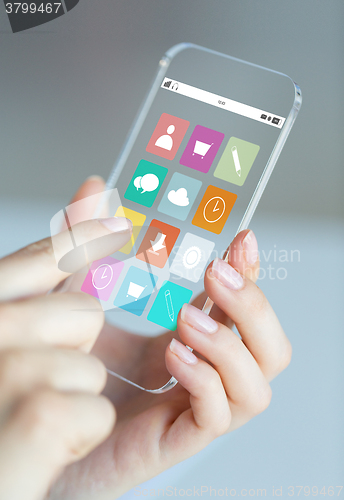 Image of close up of woman with app icons on smartphone