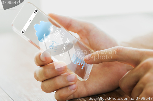 Image of close up of male hand with weather cast smartphone