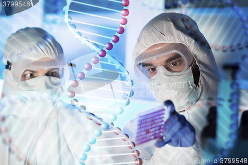 Image of close up of scientists making test in chemical lab