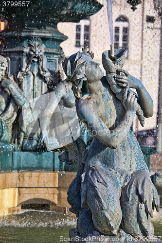 Image of Famous fountain on rossio square the liveliest placa in Lisbon