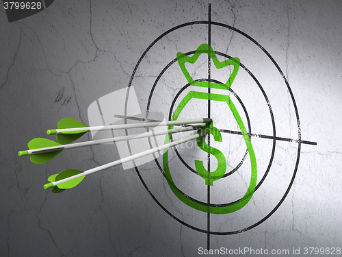 Image of Currency concept: arrows in Money Bag target on wall background