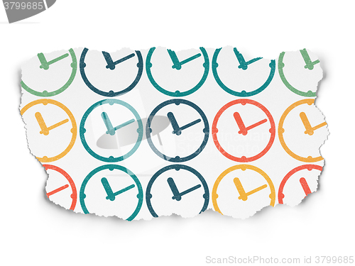 Image of Timeline concept: Clock icons on Torn Paper background