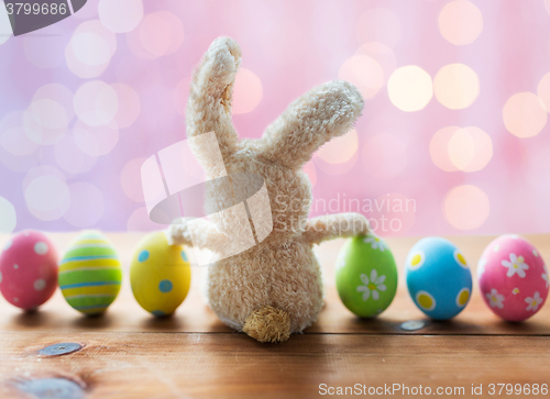 Image of close up of colored easter eggs and bunny