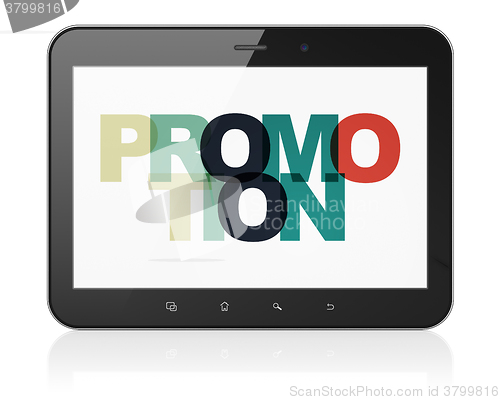 Image of Marketing concept: Tablet Computer with Promotion on  display
