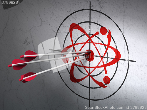 Image of Science concept: arrows in Molecule target on wall background