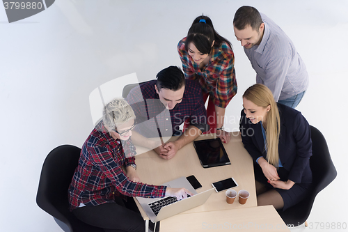 Image of aerial view of business people group on meeting