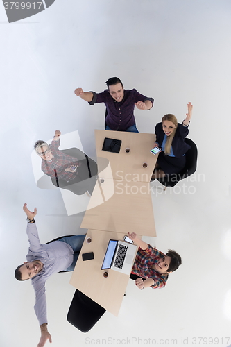 Image of aerial view of business people group on meeting