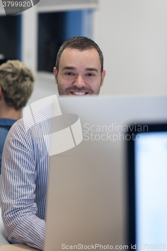 Image of startup business, software developer working on desktop computer