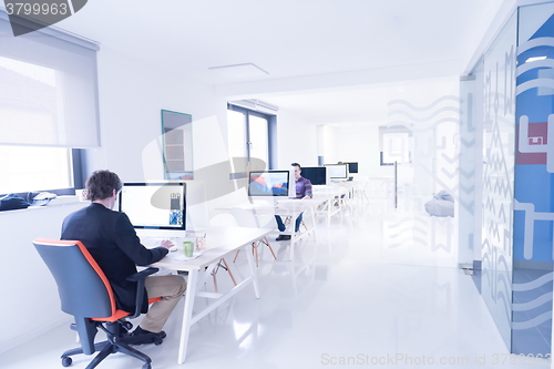Image of startup business, software developer working on computer