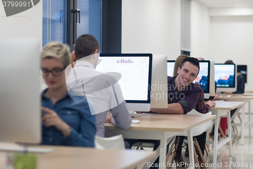 Image of startup business, software developer working on desktop computer