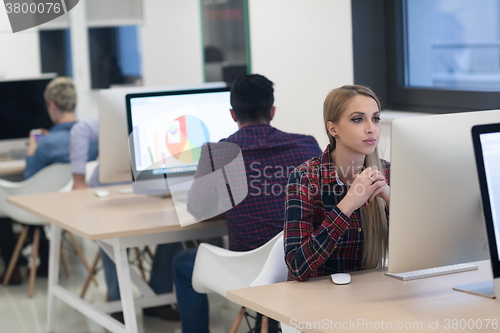 Image of startup business, woman  working on desktop computer