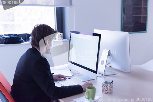 Image of startup business, software developer working on computer