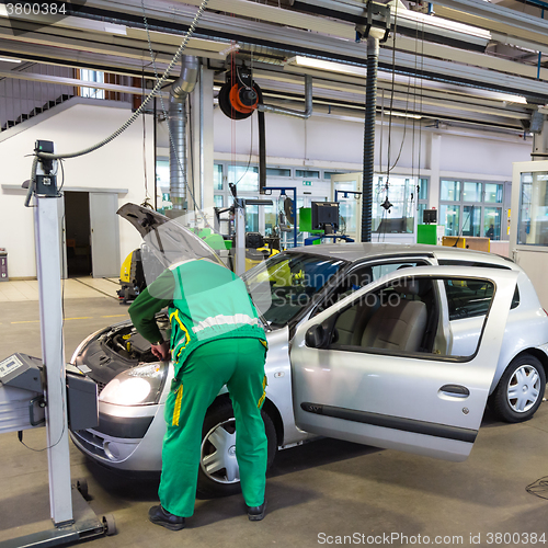 Image of Car waiting for technical review in garage.