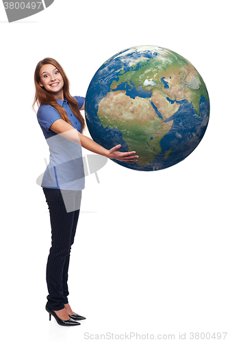 Image of Woman in full length holding earth globe