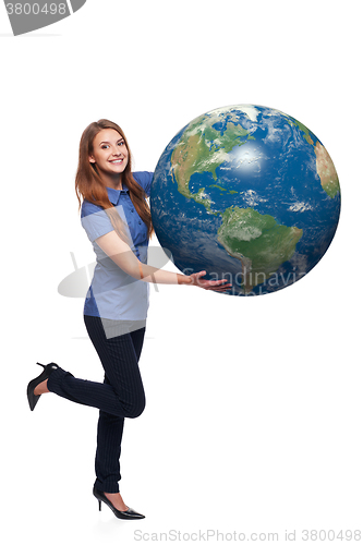 Image of Woman in full length holding earth globe