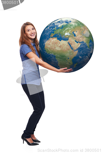 Image of Woman in full length holding earth globe