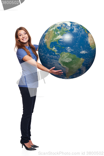 Image of Woman in full length holding earth globe