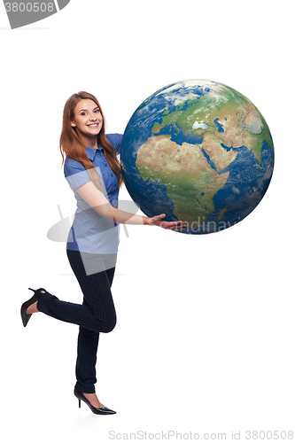 Image of Woman in full length holding earth globe