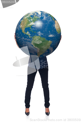 Image of Woman in full length holding earth globe