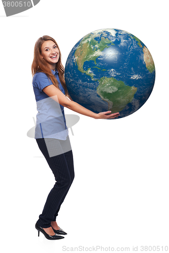 Image of Woman in full length holding earth globe