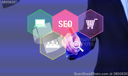 Image of Search Engine Optimization consultant touching SEO button on whiteboard