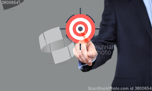 Image of business, technology, internet and networking concept - businessman pressing button with contact on virtual screens. World map