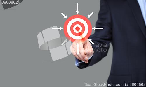 Image of business, technology, internet and networking concept - businessman pressing button with contact on virtual screens. 