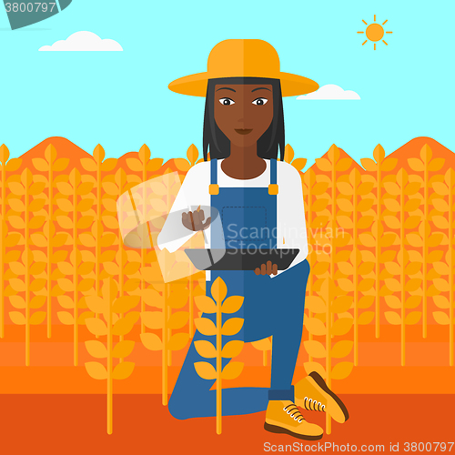 Image of Farmer with tablet computer on field.