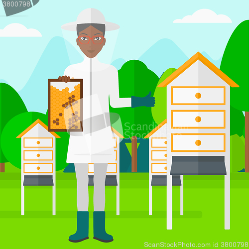 Image of Bee-keeper at apiary.