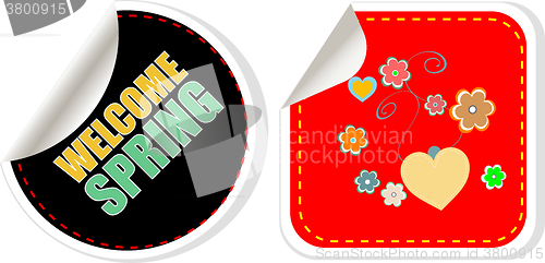 Image of Welcome Spring Holiday Card. Welcome Spring Vector. Welcome Spring web button isolated on white. Spring Holiday Graphic. Welcome Spring Art. Spring Holiday Drawing