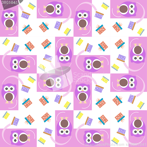 Image of Vector cute owl card. Baby girl arrival announcement card. Seamless pink background pattern