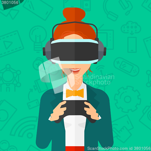 Image of Woman wearing virtual reality headset.