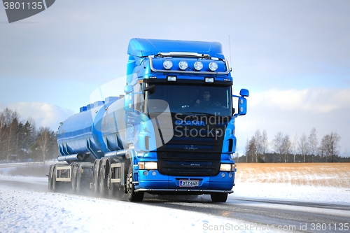 Image of Blue Scania R500 Tank Truck on Winter Road