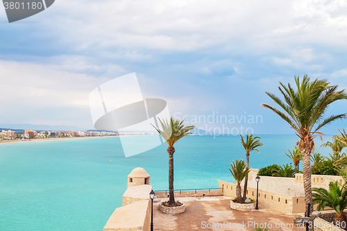 Image of Turquoise sea and palm trees of Peniscola, Spain