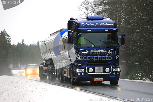 Image of Blue Scania Euro 6 Tank Truck in Traffic