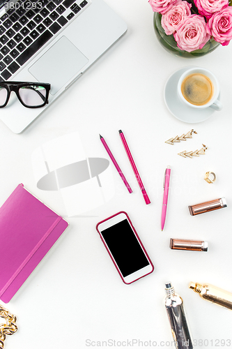Image of Still life of fashion woman, objects on white