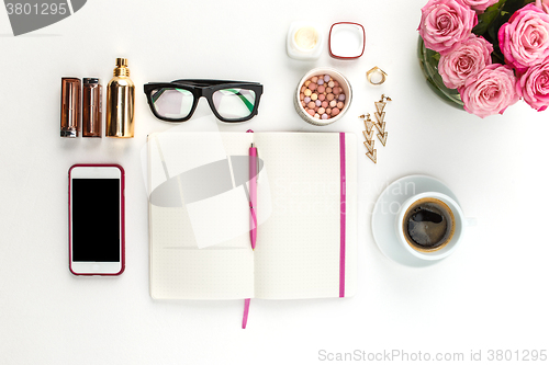 Image of Still life of fashion woman, objects on white