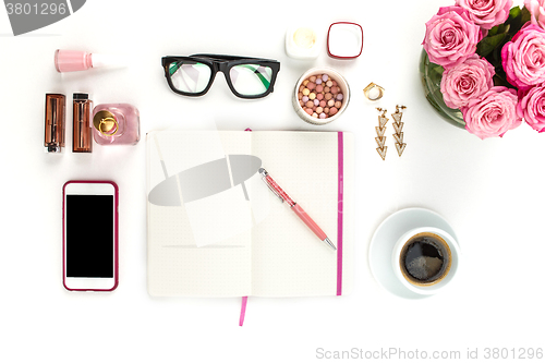 Image of Still life of fashion woman, objects on white