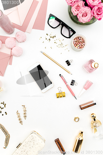 Image of Still life of fashion woman, objects on white