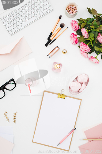 Image of Still life of fashion woman, objects on white