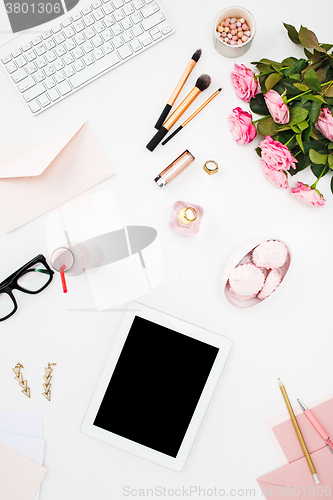 Image of Still life of fashion woman, objects on white