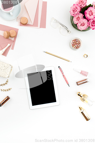 Image of Still life of fashion woman, objects on white