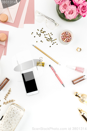 Image of Still life of fashion woman, objects on white